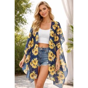 Hibluco Women Kimono Cardigan Cover Up 2XL Navy Blue Sunflower Print Sheer‎